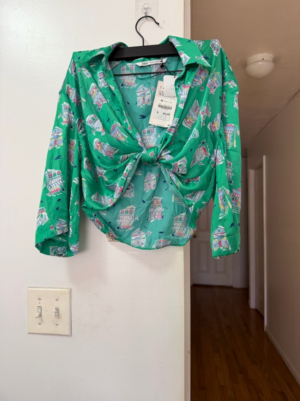 Zara Green Printed Tie-Front Blouse with Collar